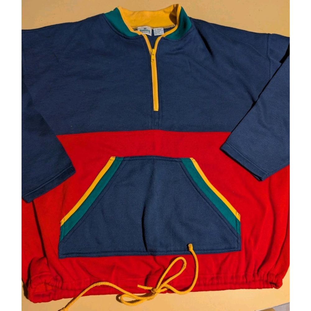 Vintage Huntington Ridge Pull Over Nautical Sweatshirt L LARGE Color Block Navy